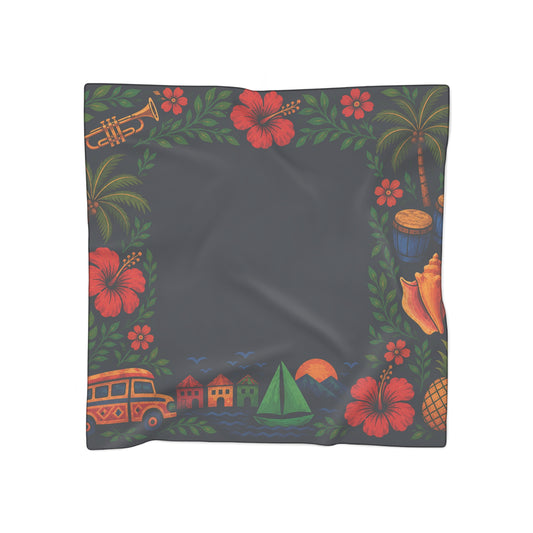 Haiti Folk Art Tropical Hibiscus Scarf — Island Floral Print Polyester Scarf