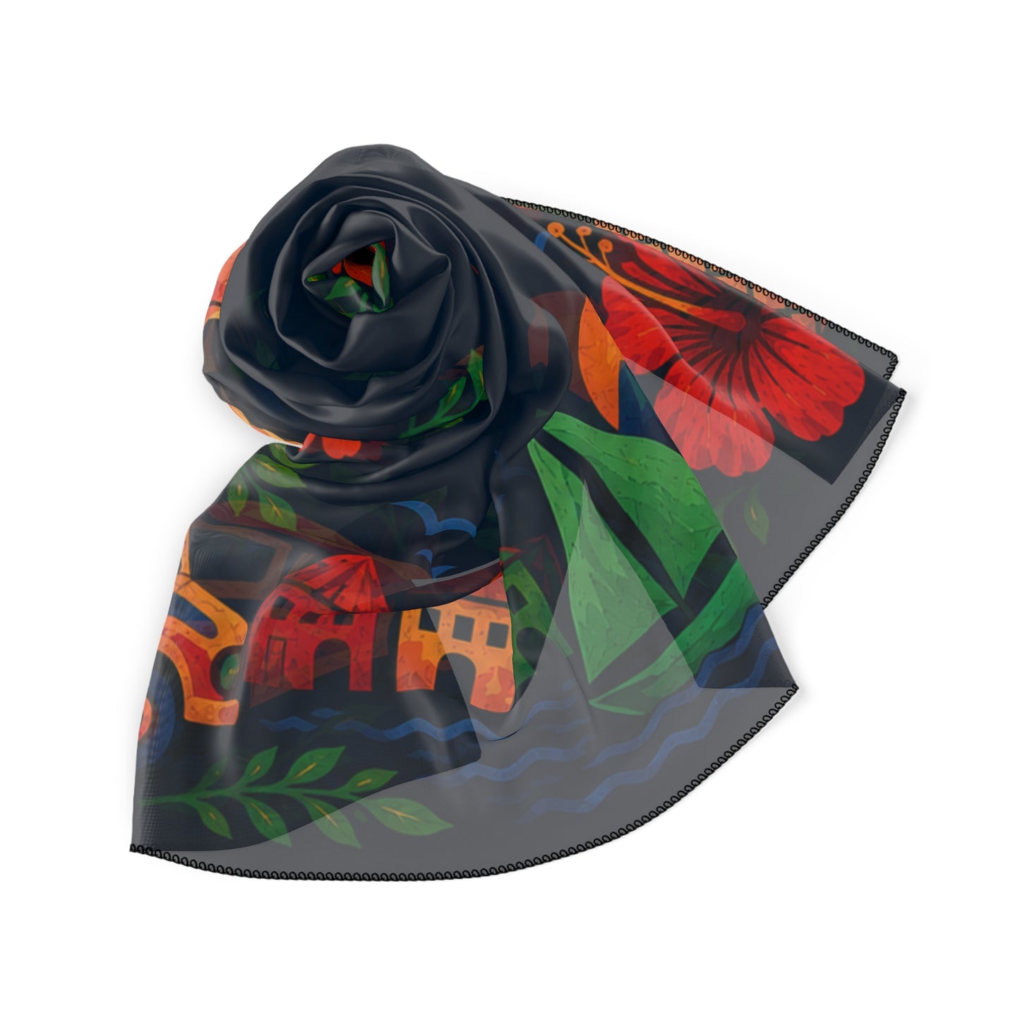 Haiti Folk Art Tropical Hibiscus Scarf — Island Floral Print Polyester Scarf