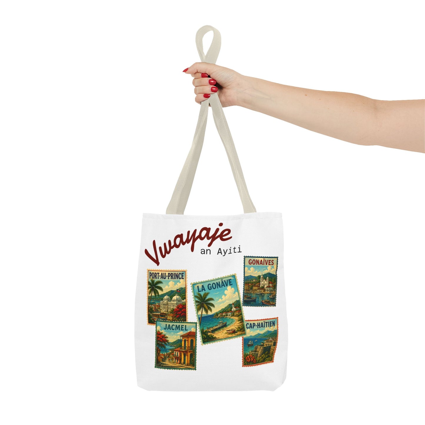 Haitian Vintage Postcards Tote Bag — 'Vwayaje an Ayiti' Travel Souvenir Tote