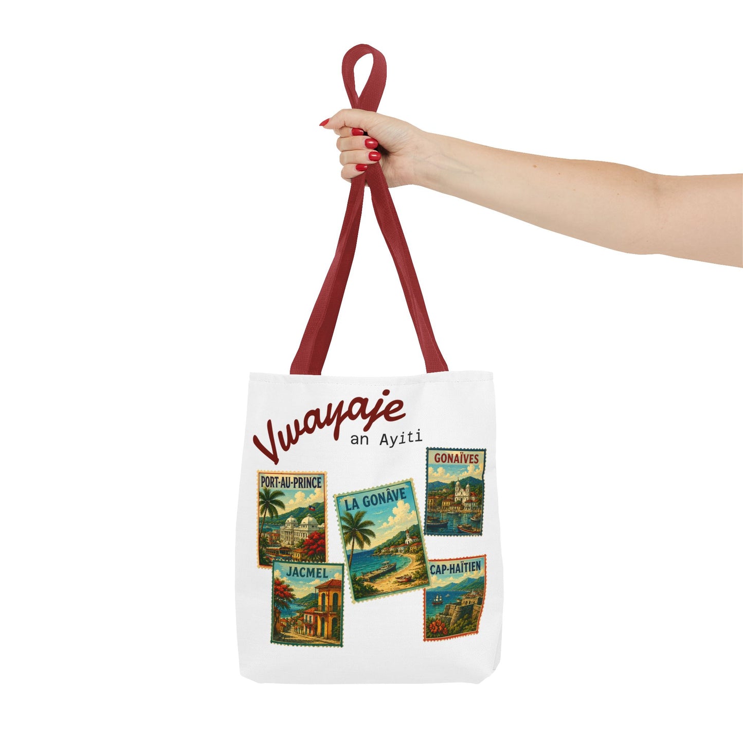 Haitian Vintage Postcards Tote Bag — 'Vwayaje an Ayiti' Travel Souvenir Tote