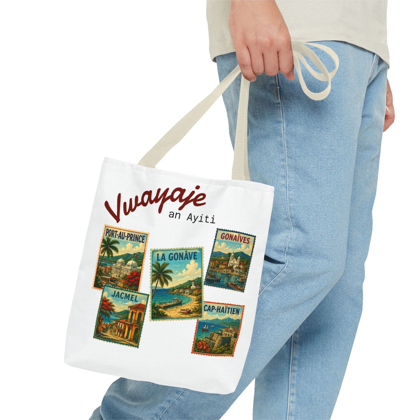 Haitian Vintage Postcards Tote Bag — 'Vwayaje an Ayiti' Travel Souvenir Tote