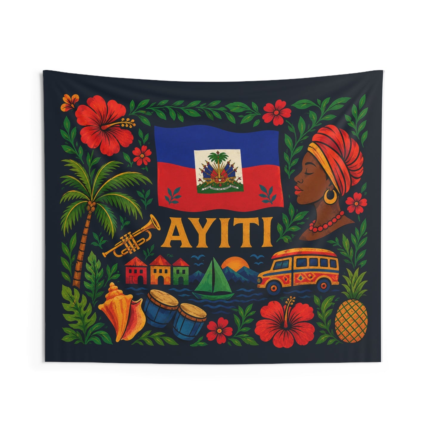 Ayiti Folk Art Wall Tapestry — Haitian Flag & Culture Home Decor