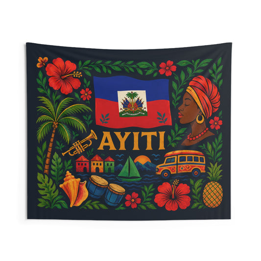 Ayiti Folk Art Wall Tapestry — Haitian Flag & Culture Home Decor
