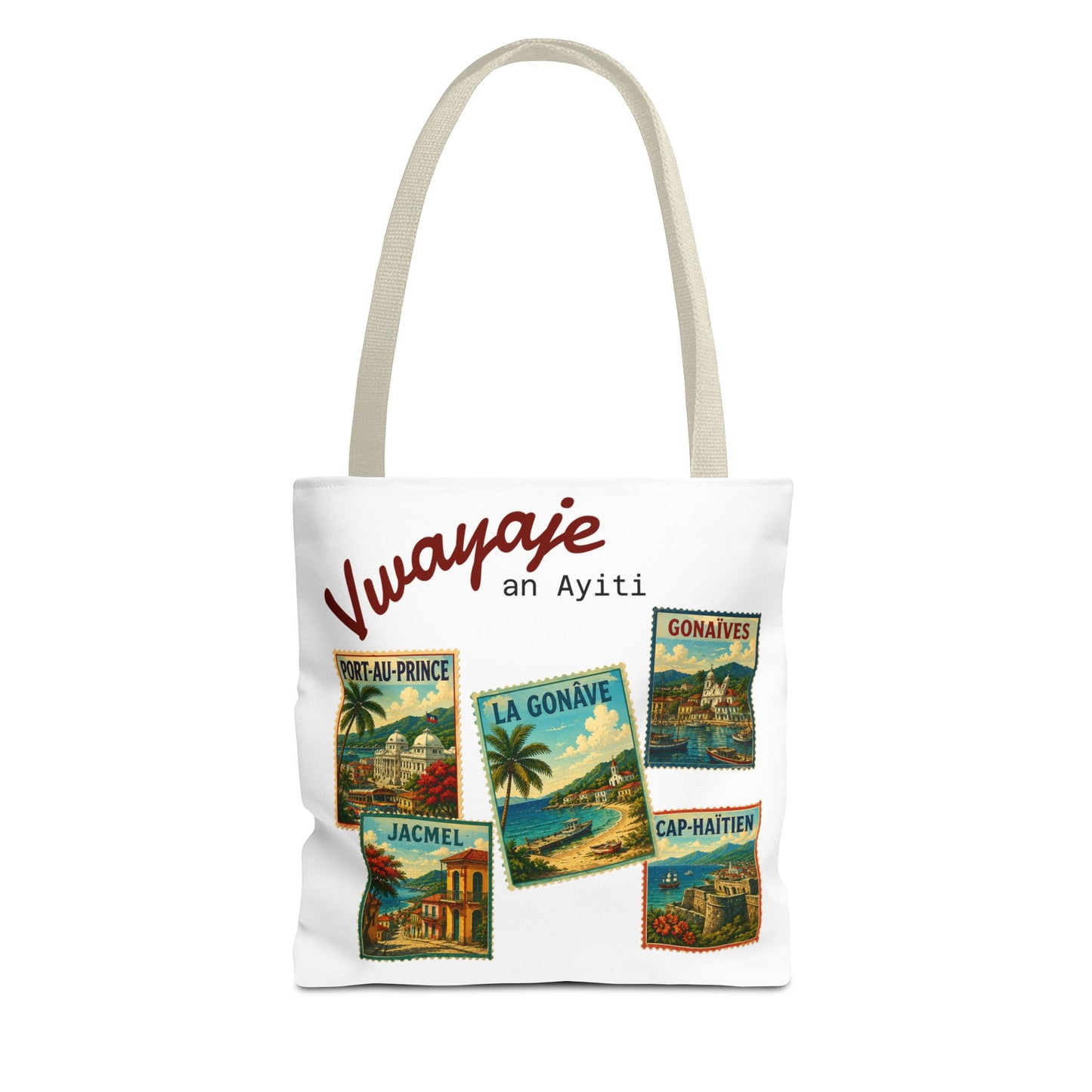 Haitian Vintage Postcards Tote Bag — 'Vwayaje an Ayiti' Travel Souvenir Tote