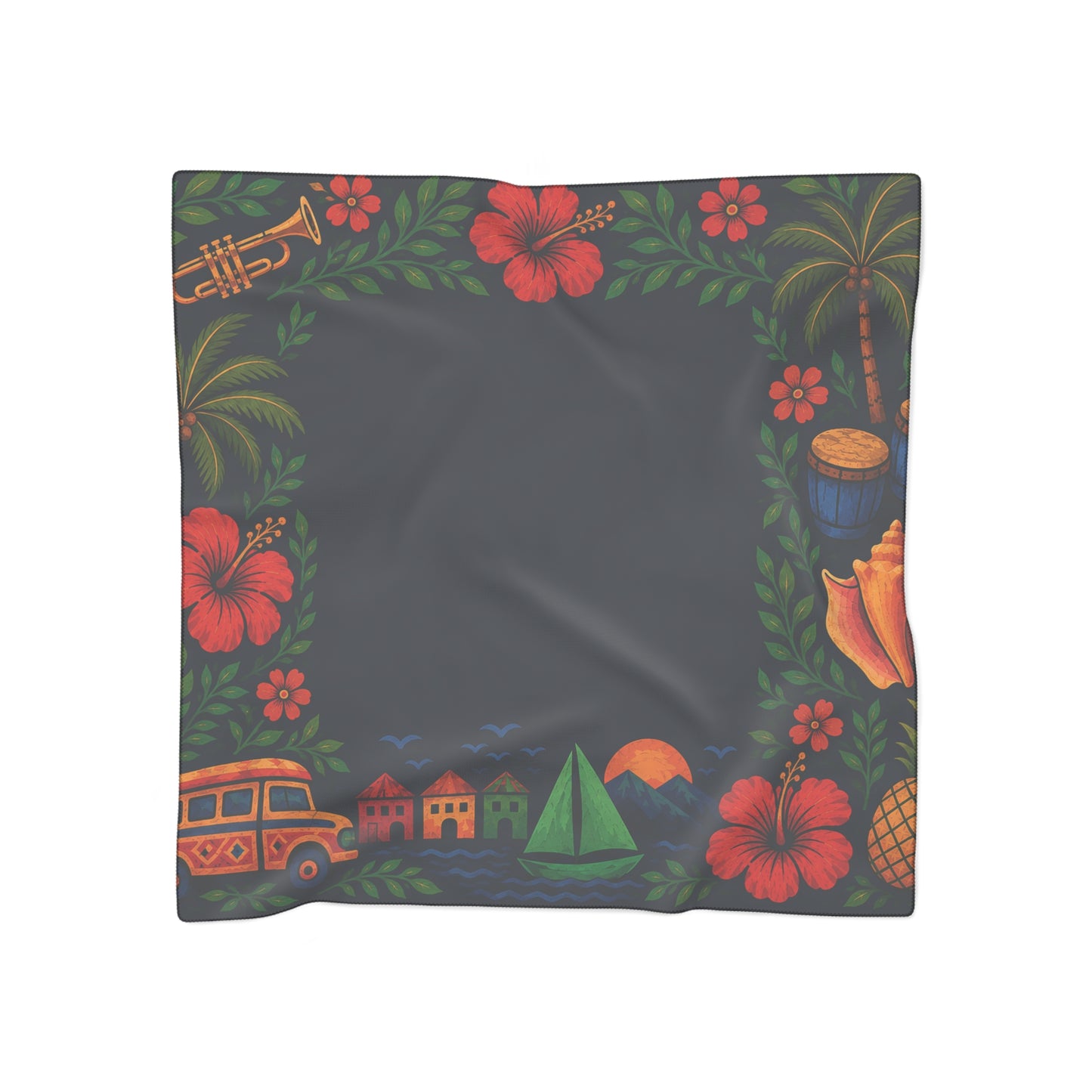 Haiti Folk Art Tropical Hibiscus Scarf — Island Floral Print Polyester Scarf