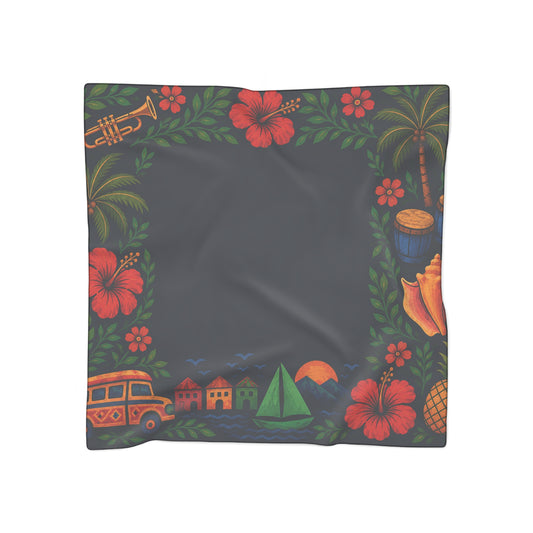 Haiti Folk Art Tropical Hibiscus Scarf — Island Floral Print Polyester Scarf