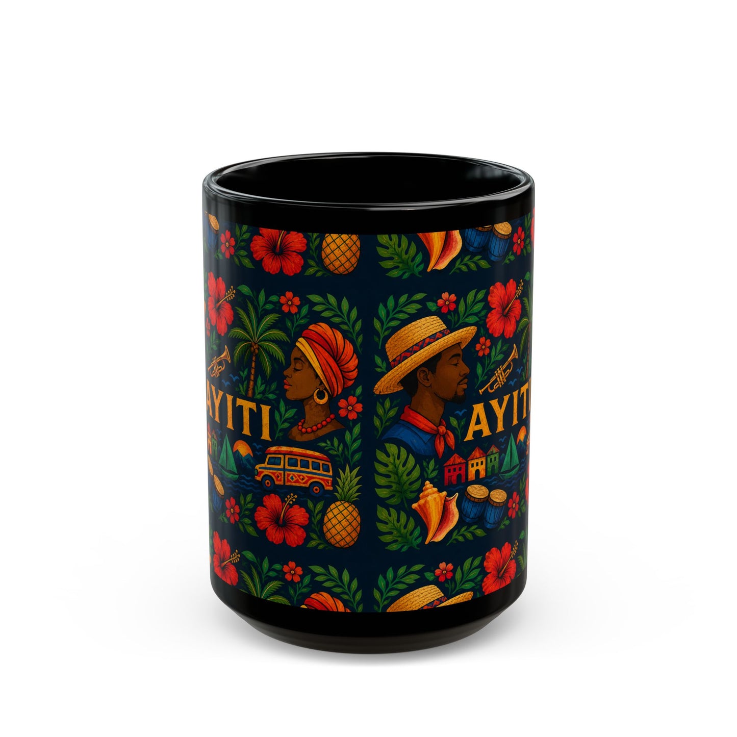 Ayiti Folk Art  Black Mug — Tropical Floral Kreyol Heritage Coffee Cup (11oz/15oz)