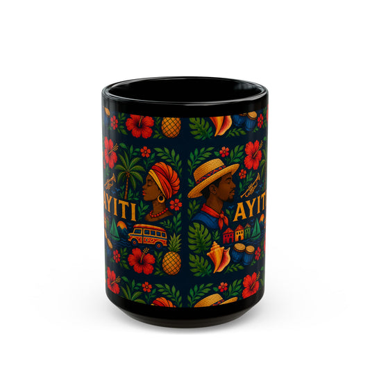 Ayiti Folk Art  Black Mug — Tropical Floral Kreyol Heritage Coffee Cup (11oz/15oz)