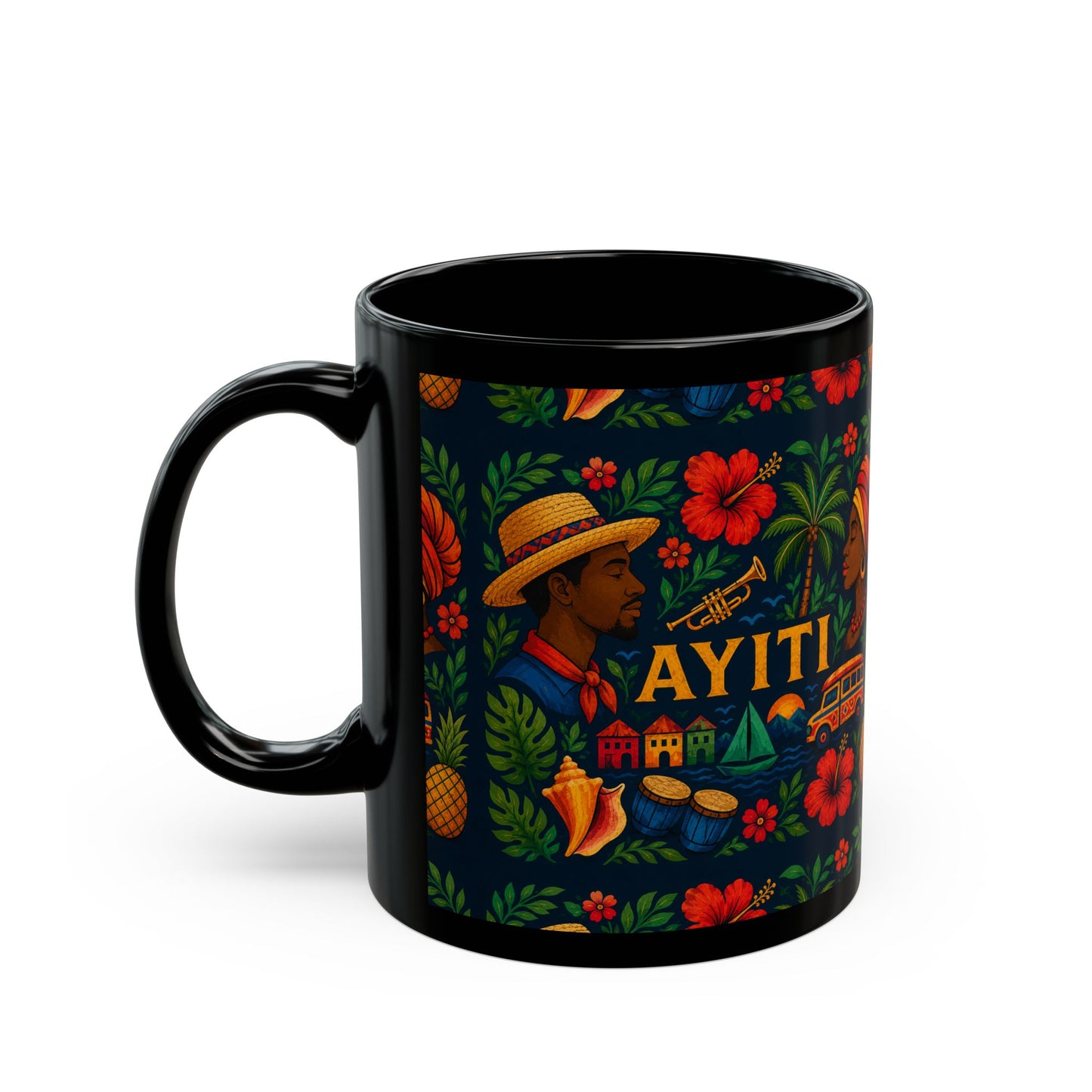 Ayiti Folk Art  Black Mug — Tropical Floral Kreyol Heritage Coffee Cup (11oz/15oz)