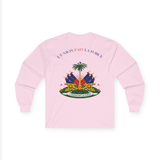 Haitian Heroes Long Sleeve Tee — “L’Union Fait La Force” Crested Cotton Shirt
