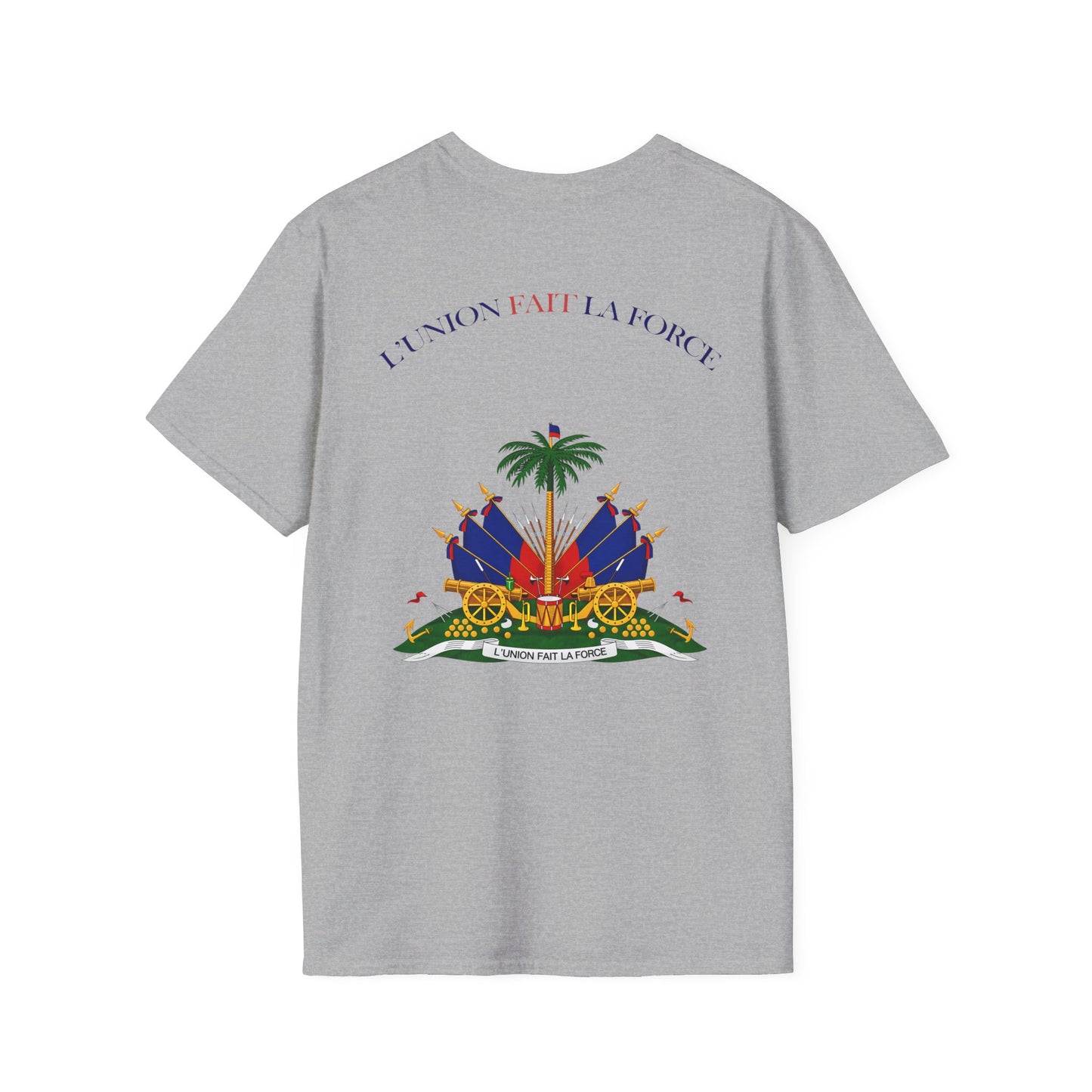 Haitian Heros T-Shirt — Haitian Coat of Arms Back & 'L'Union Fait La Force' Graphic