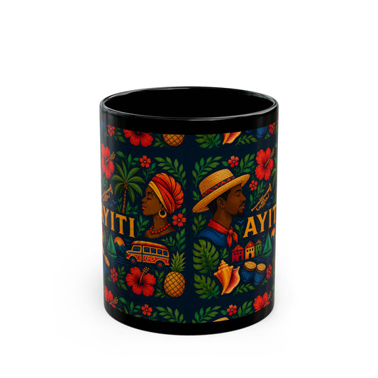 Ayiti Folk Art  Black Mug — Tropical Floral Kreyol Heritage Coffee Cup (11oz/15oz)