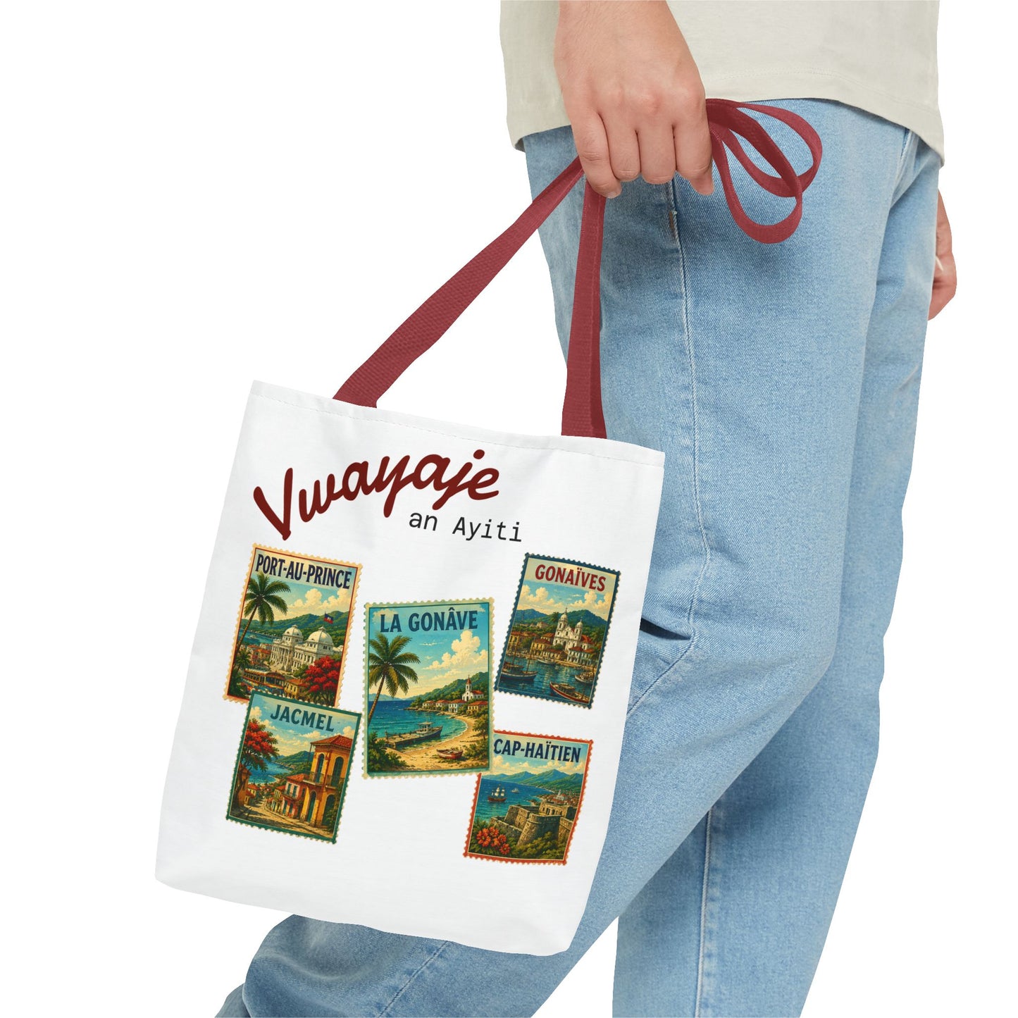 Haitian Vintage Postcards Tote Bag — 'Vwayaje an Ayiti' Travel Souvenir Tote