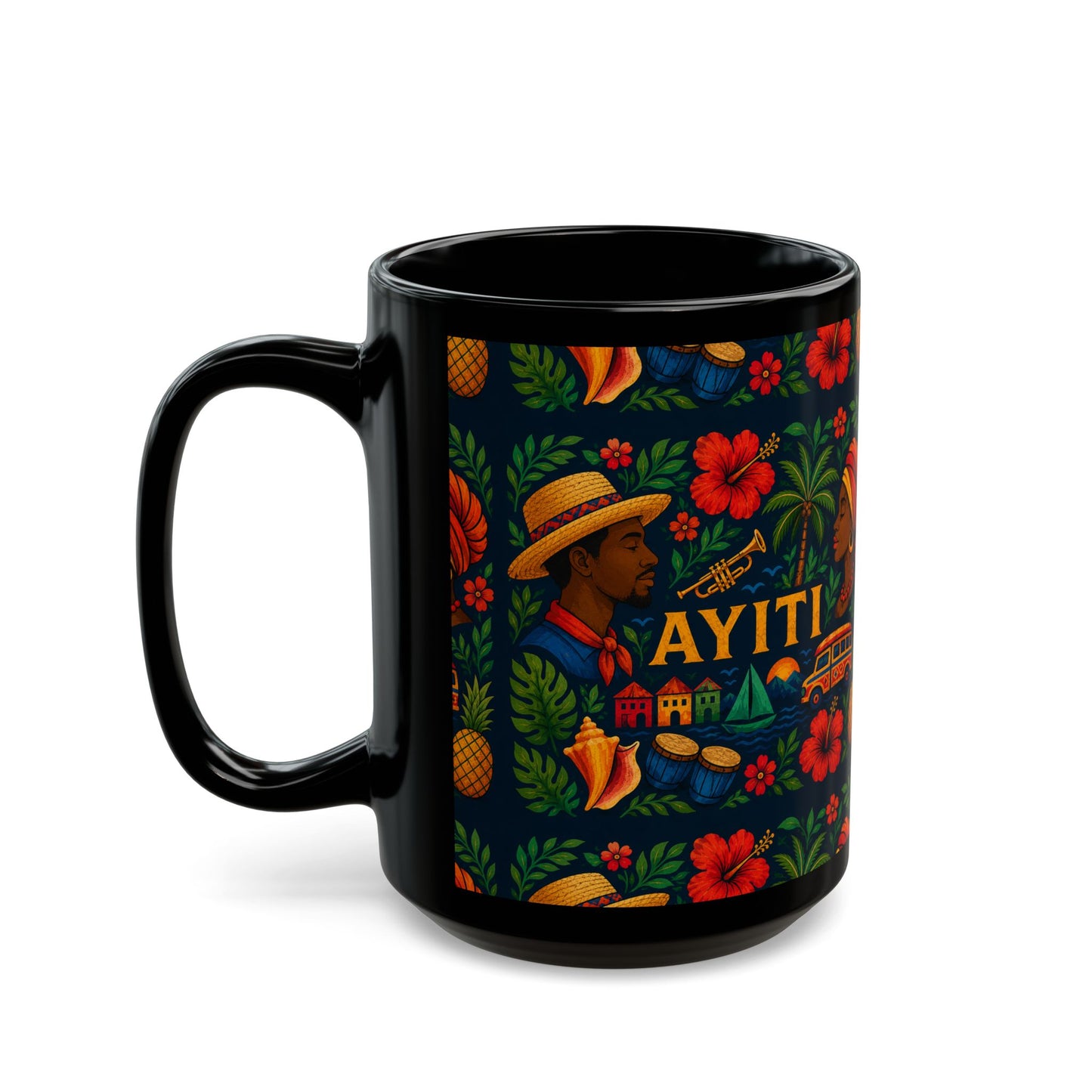Ayiti Folk Art  Black Mug — Tropical Floral Kreyol Heritage Coffee Cup (11oz/15oz)