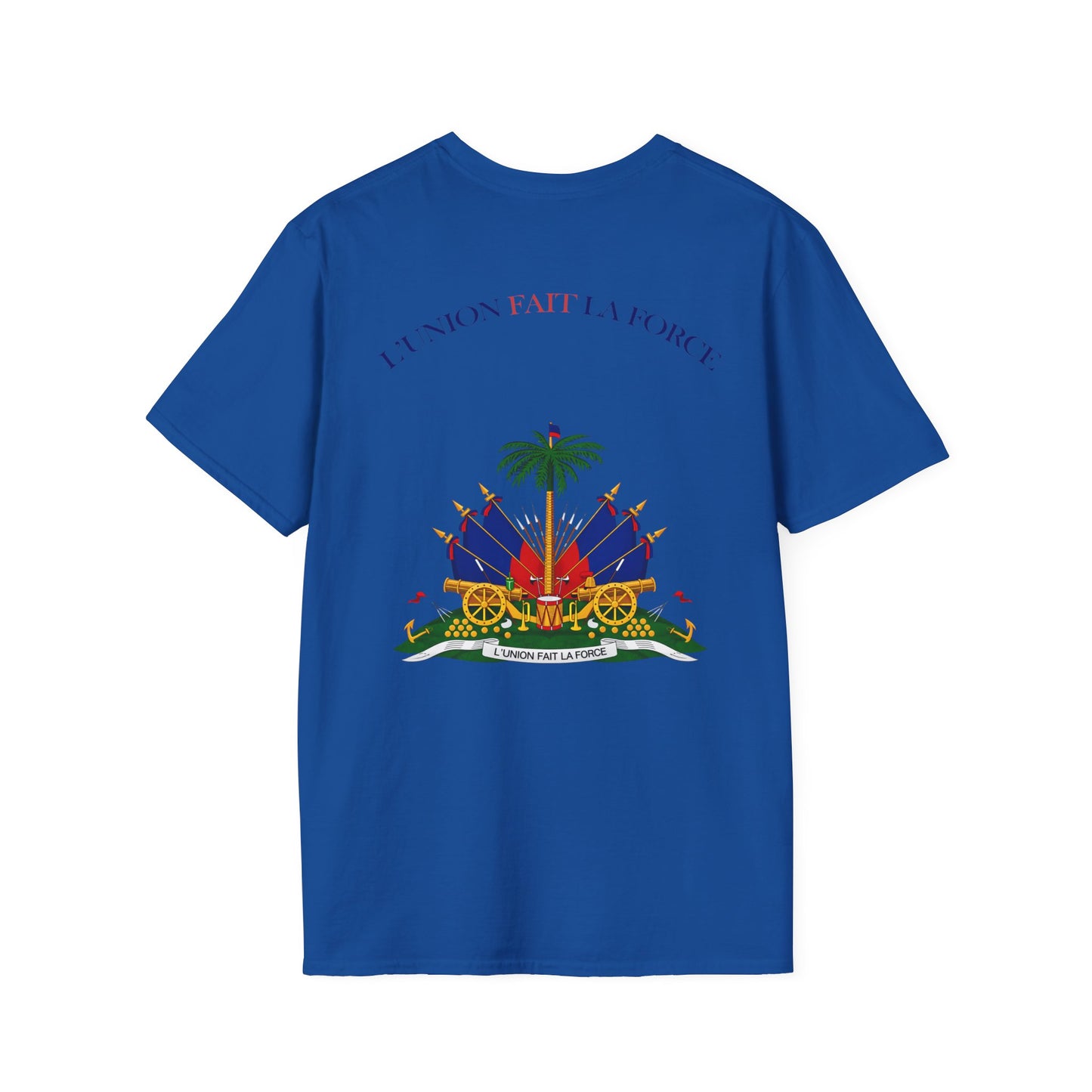 Haitian Heros T-Shirt — Haitian Coat of Arms Back & 'L'Union Fait La Force' Graphic