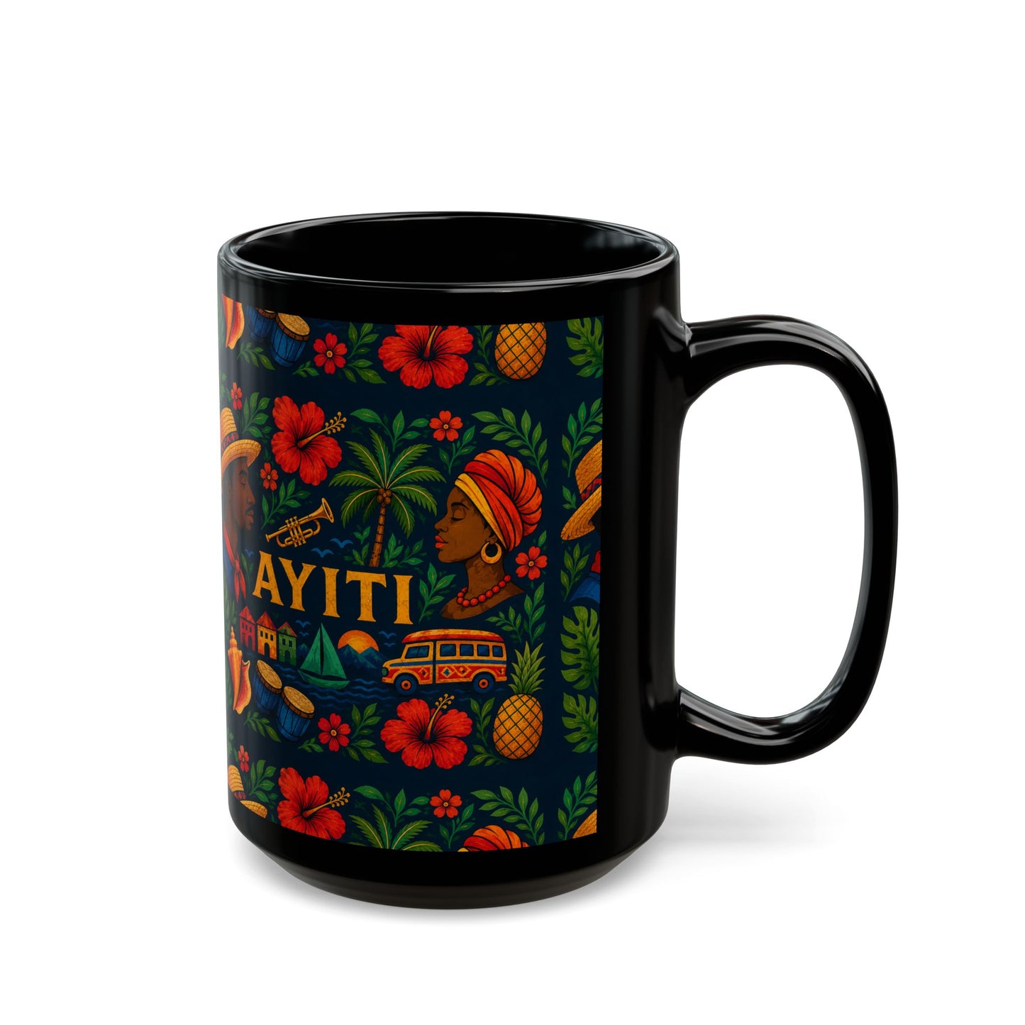 Ayiti Folk Art  Black Mug — Tropical Floral Kreyol Heritage Coffee Cup (11oz/15oz)
