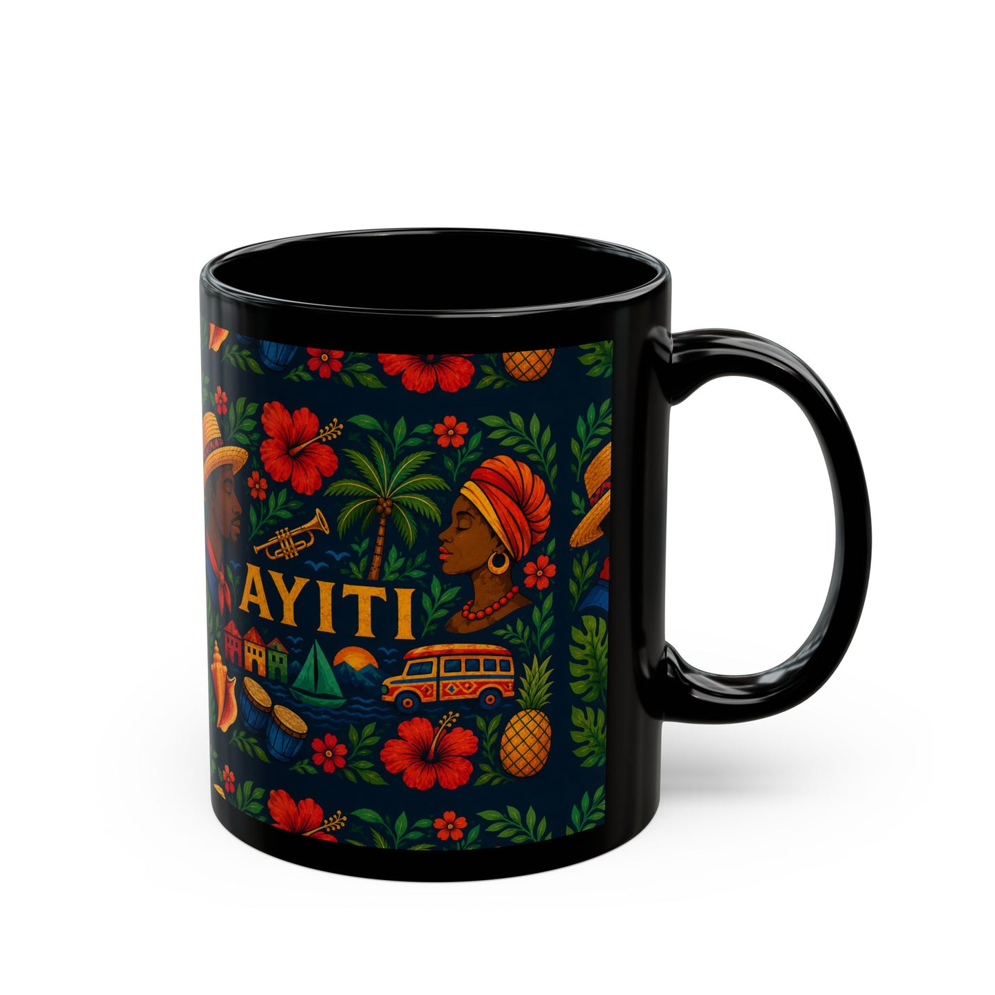 Ayiti Folk Art  Black Mug — Tropical Floral Kreyol Heritage Coffee Cup (11oz/15oz)