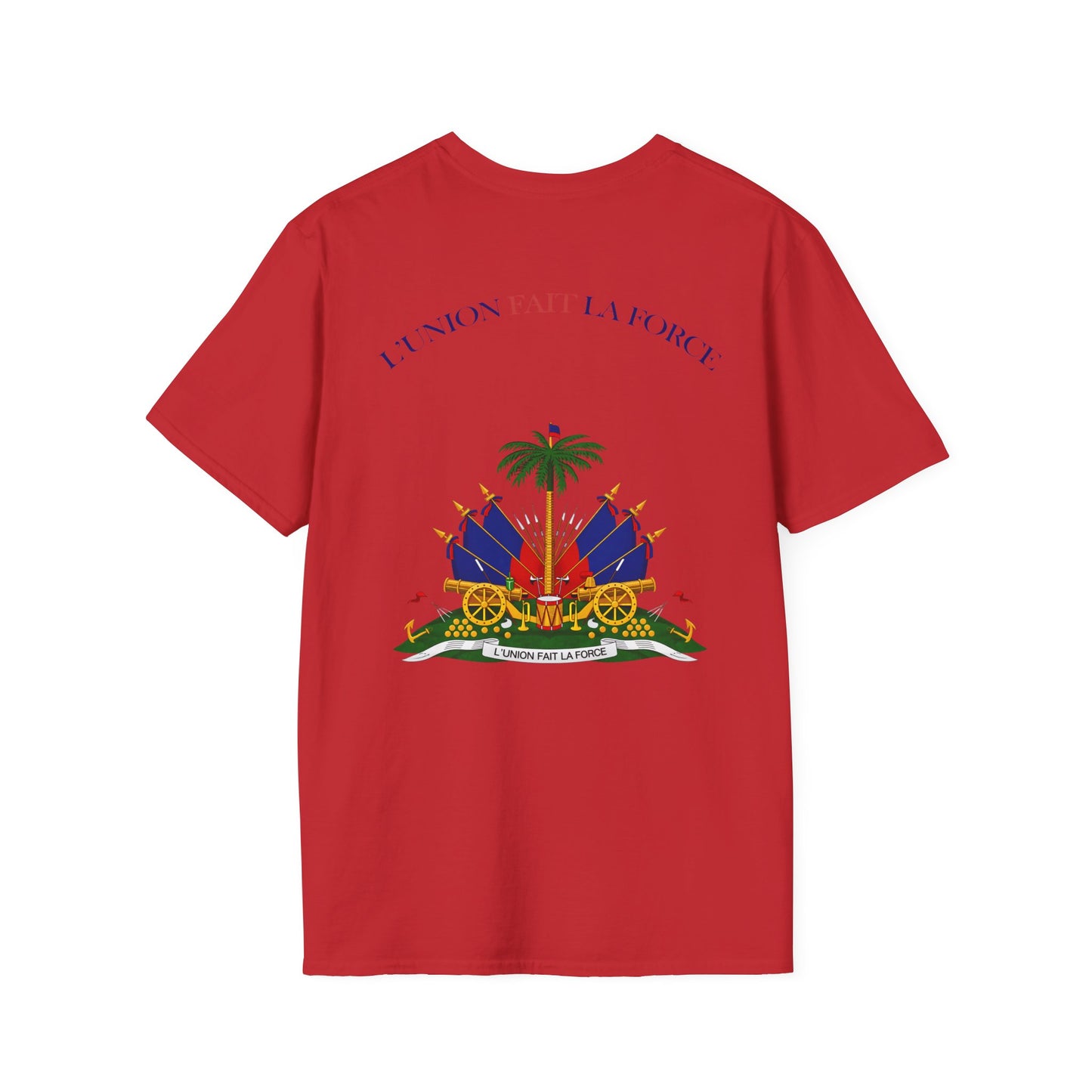 Haitian Heros T-Shirt — Haitian Coat of Arms Back & 'L'Union Fait La Force' Graphic