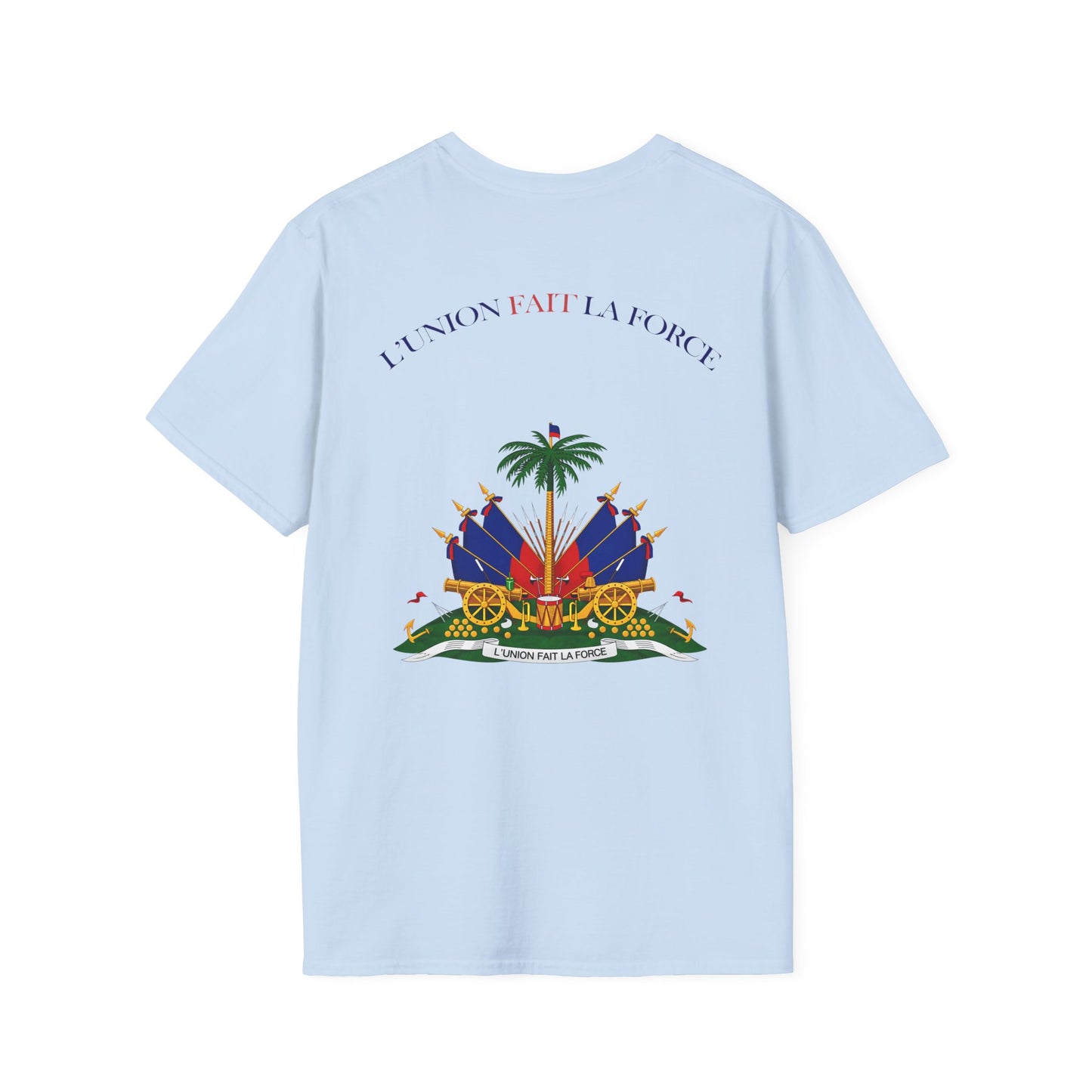 Haitian Heros T-Shirt — Haitian Coat of Arms Back & 'L'Union Fait La Force' Graphic