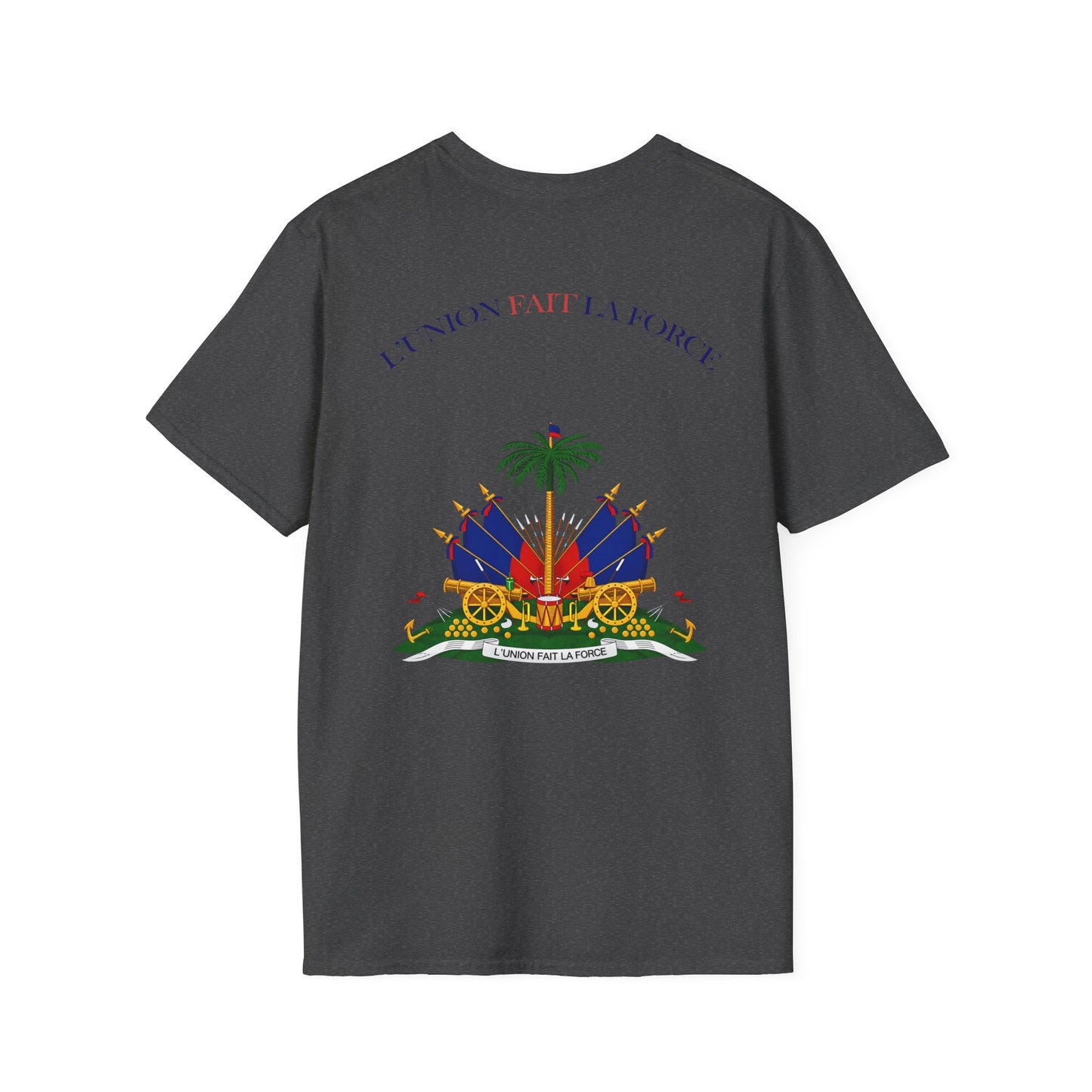 Haitian Heros T-Shirt — Haitian Coat of Arms Back & 'L'Union Fait La Force' Graphic