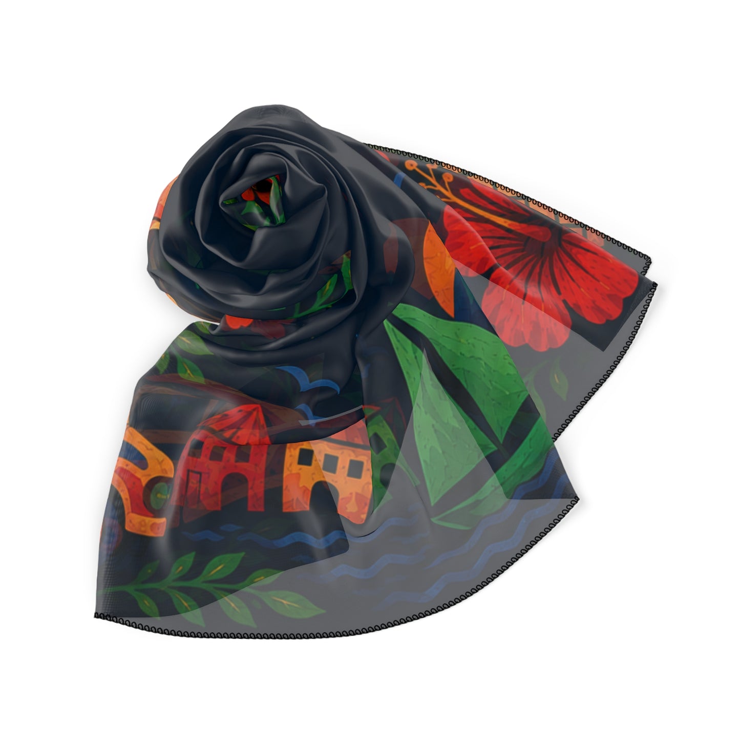 Haiti Folk Art Tropical Hibiscus Scarf — Island Floral Print Polyester Scarf