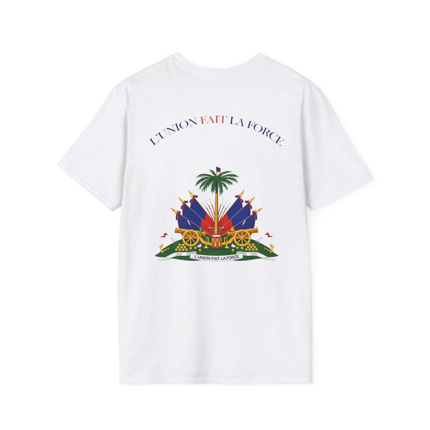 Haitian Heros T-Shirt — Haitian Coat of Arms Back & 'L'Union Fait La Force' Graphic