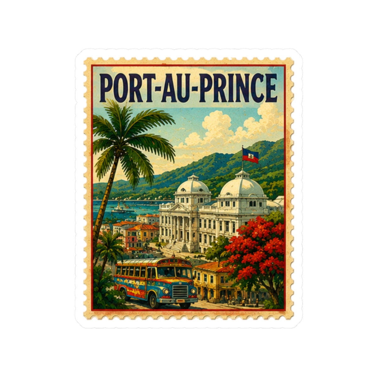 Port-au-Prince Vintage Travel Sticker — Retro Haitian Postcard Kiss-Cut Sticker