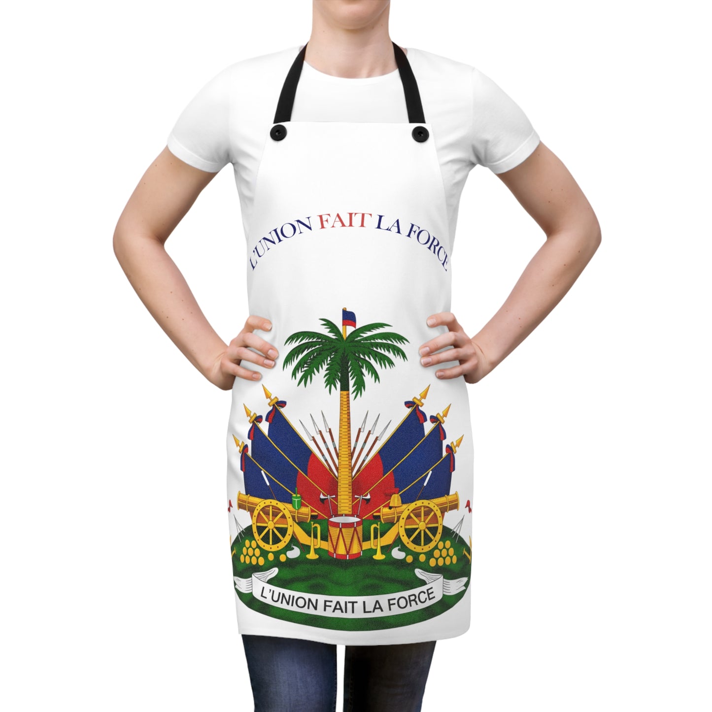 Haitian Coat of Arms Apron — "L'Union Fait La Force" Kitchen Apron