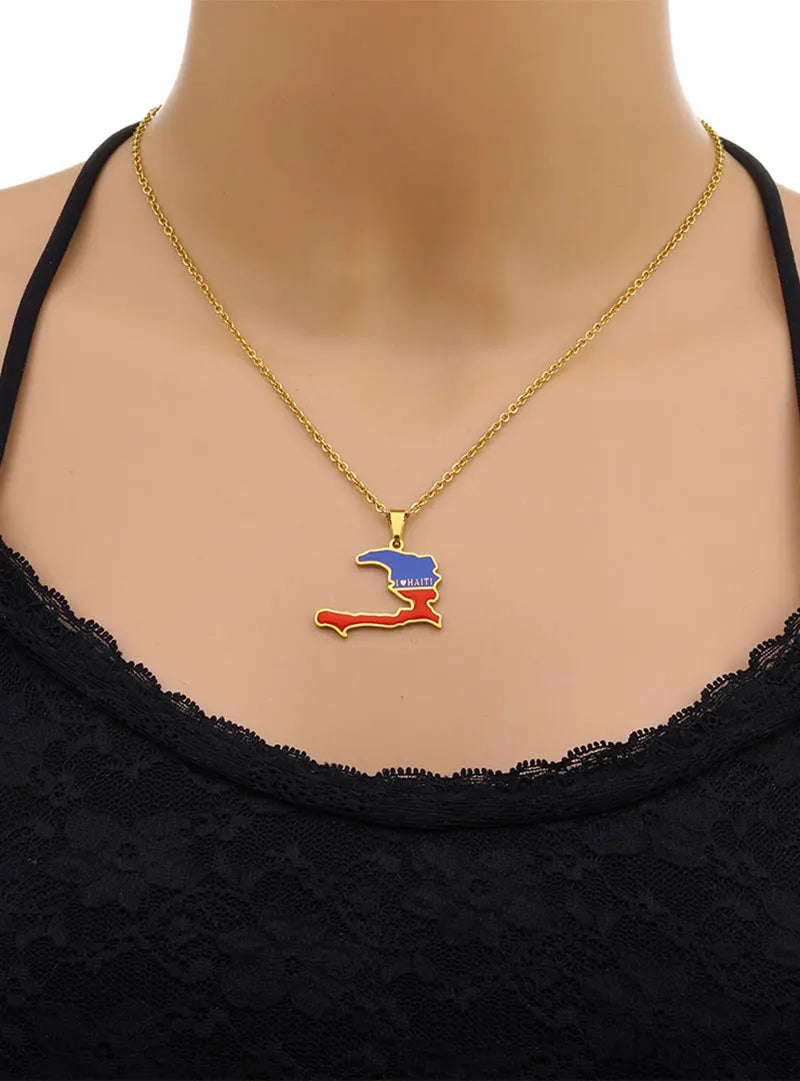 Stainless Steel Enamel Haiti Necklace- Unisex Titanium Steel Pendant Necklaces